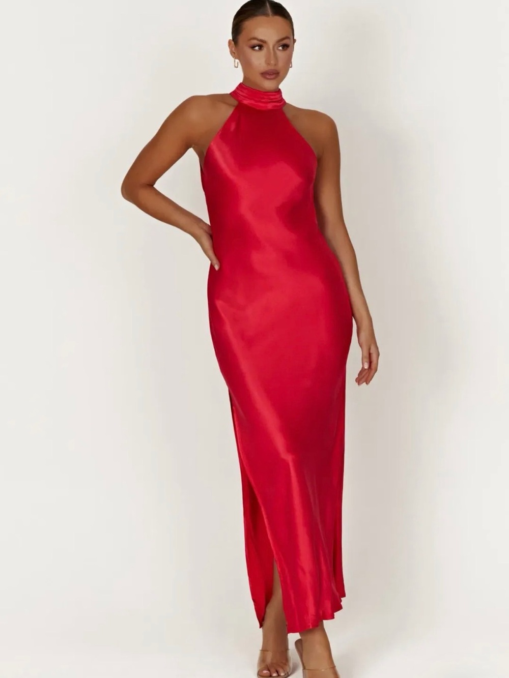 Meshki Red Satin Halter Maxi Dress